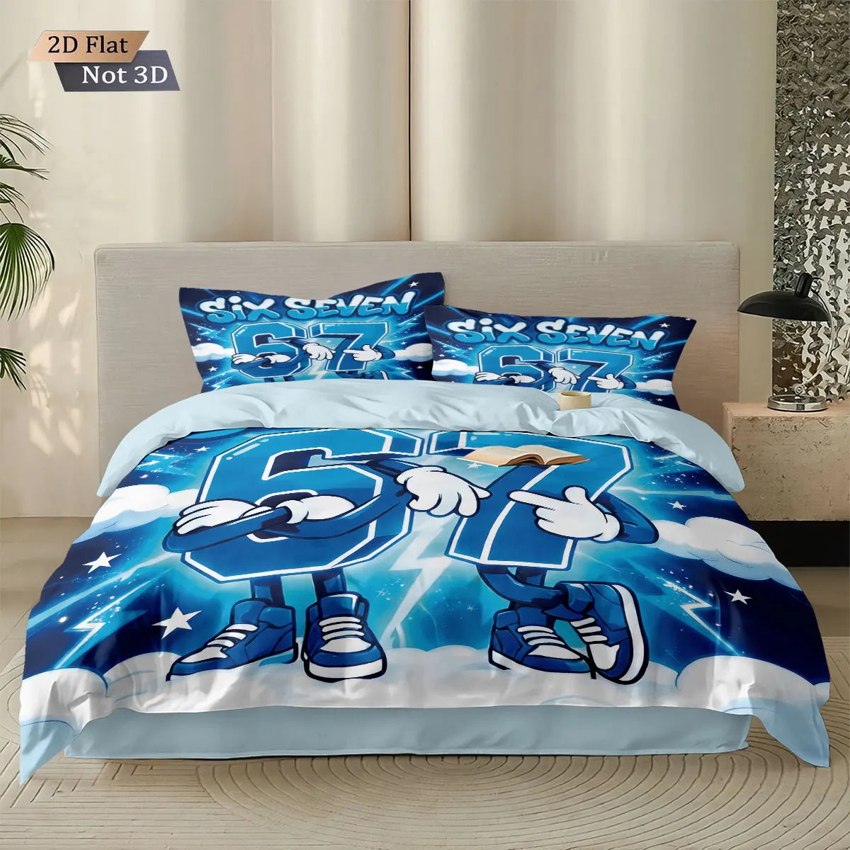 A set of three funny printed duvet covers featuring a large number 52 on a blue and white background.