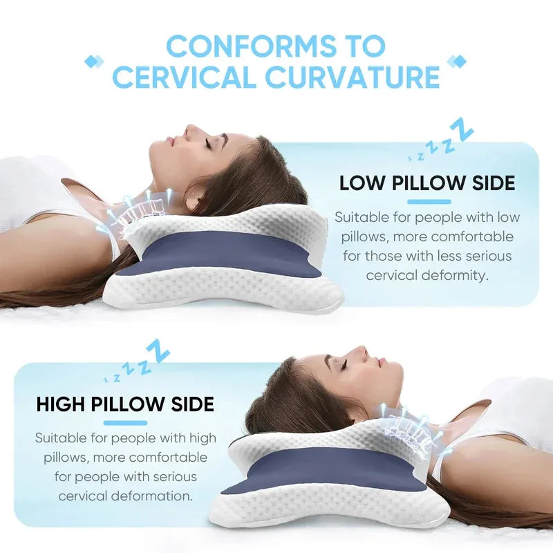 Ergonomic memory foam cervical pillow shown in two sides suitable for different neck curvatures