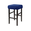 A navy blue jacquard elastic bar stool slipcover with a dark wood frame.