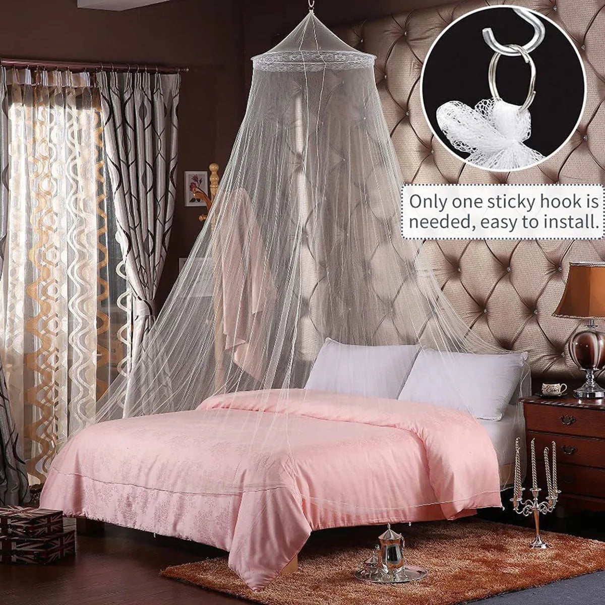 A sheer white mesh mosquito net draped over a bed for home decor