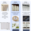 Three styles of curtains are shown: rod pocket, grommet top, and hooks tape top.