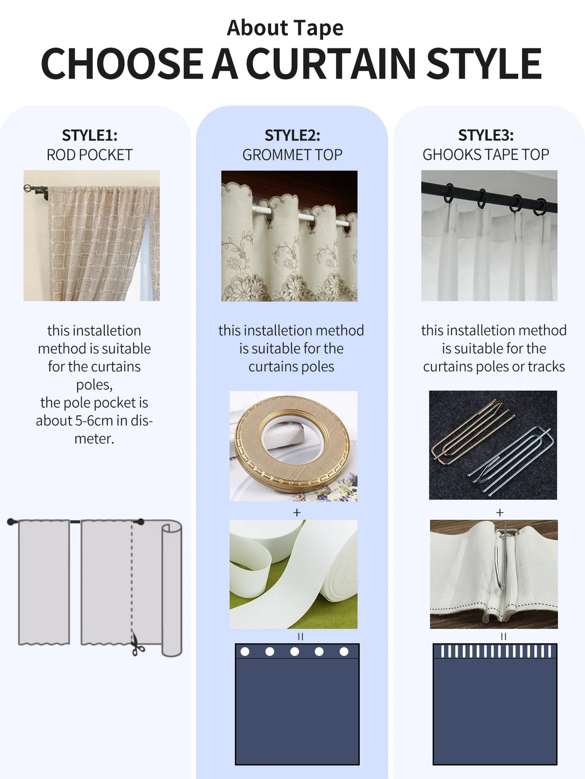 Three styles of curtains are shown: rod pocket, grommet top, and hooks tape top.
