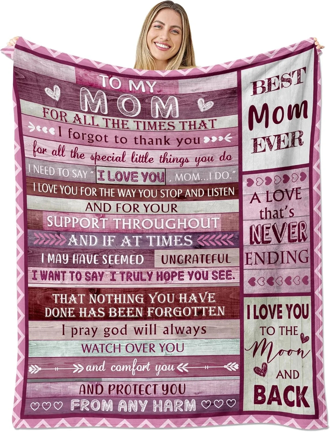 A pink and purple flannel throw blanket featuring inspirational text for mom