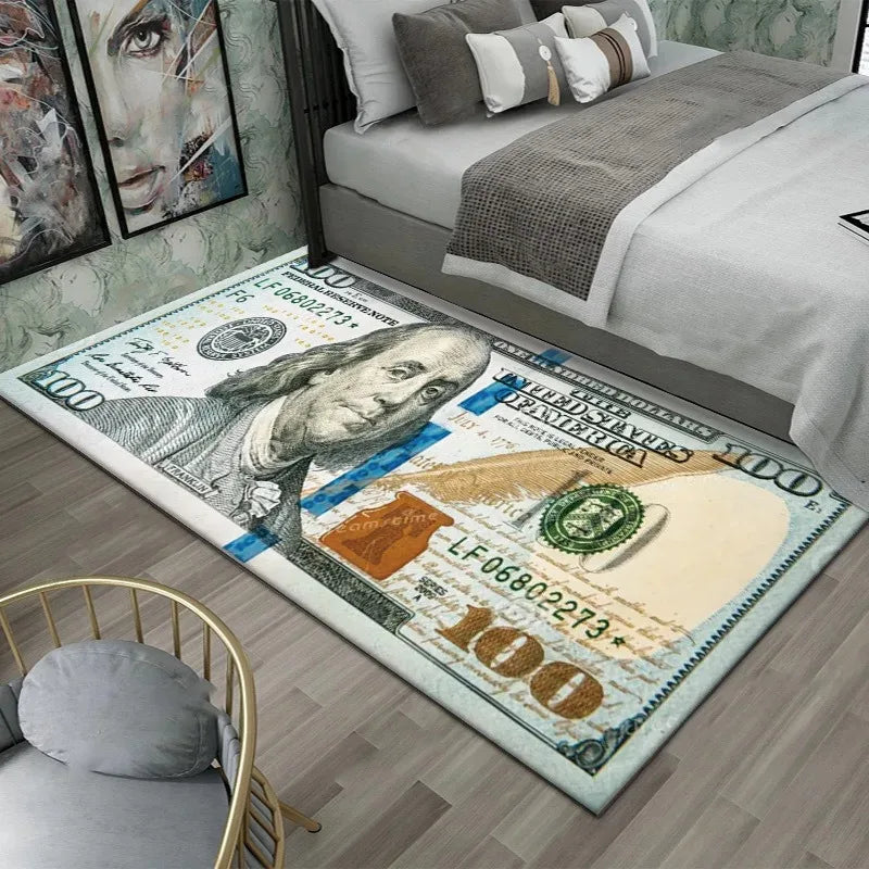 A rectangular area rug featuring a creative dollar print design on a light background.