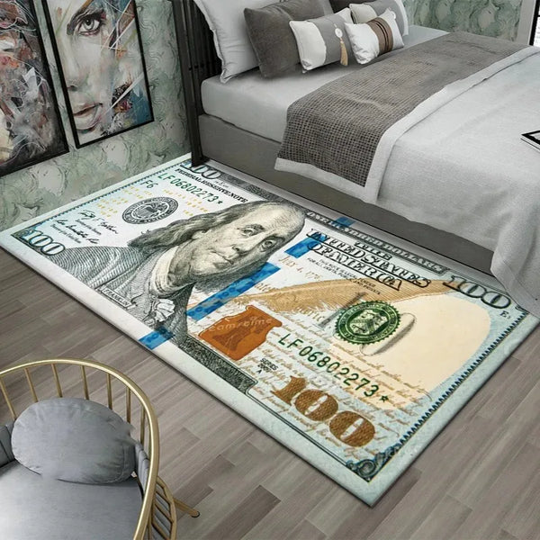 A rectangular area rug featuring a creative dollar print design on a light background.