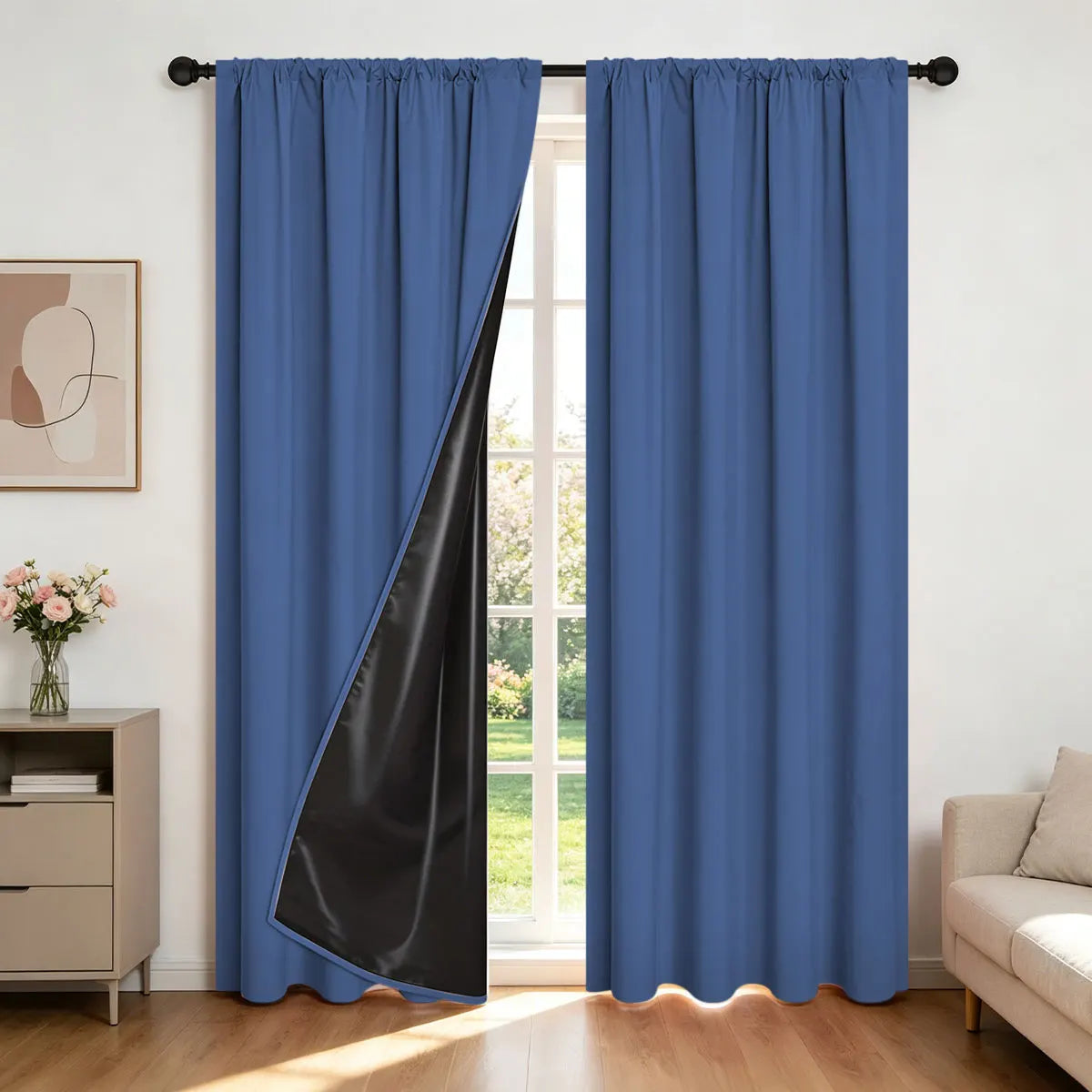 Two panels of royal blue blackout curtains with a black liner hanging in a window frame.