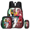 A black football sport backpack featuring a large graphic of a soccer player's face.