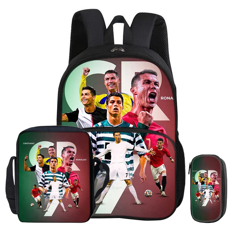 A black football sport backpack featuring a large graphic of a soccer player's face.