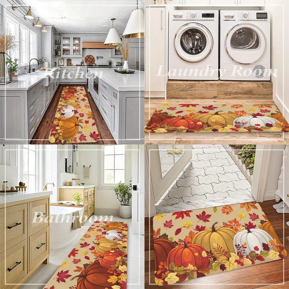A collection of decorative maple leaf area rugs featuring autumn colors and seasonal foliage.