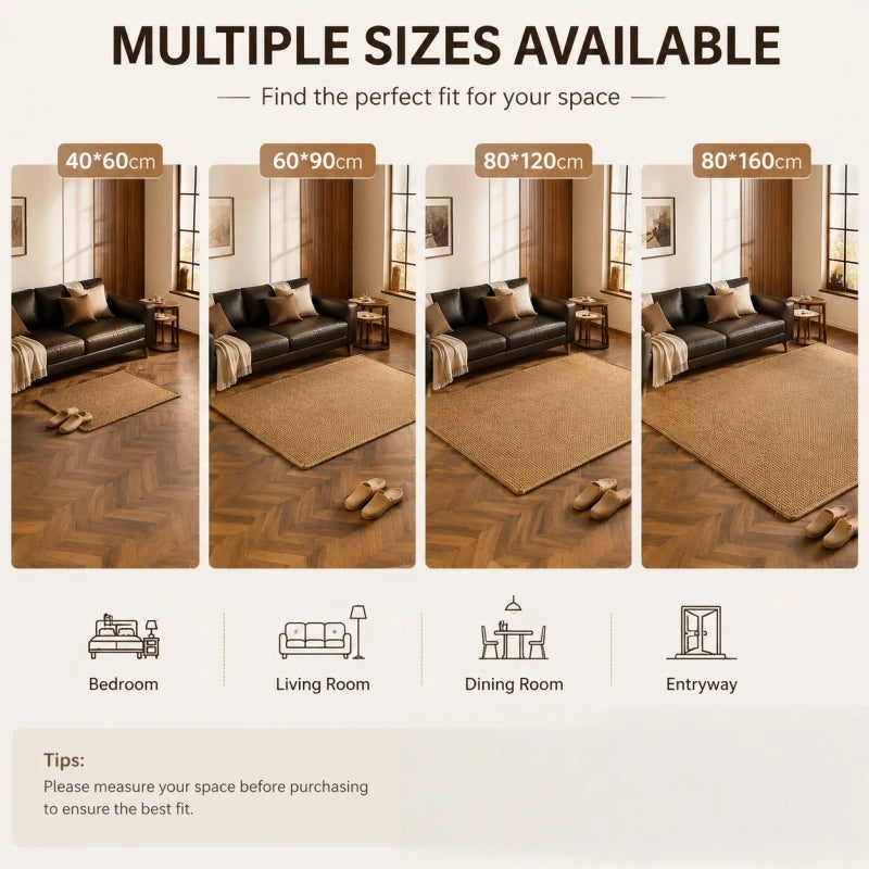 A display showing various sizes of faux sisal runner rugs for different spaces like bedrooms, living rooms, dining rooms, and