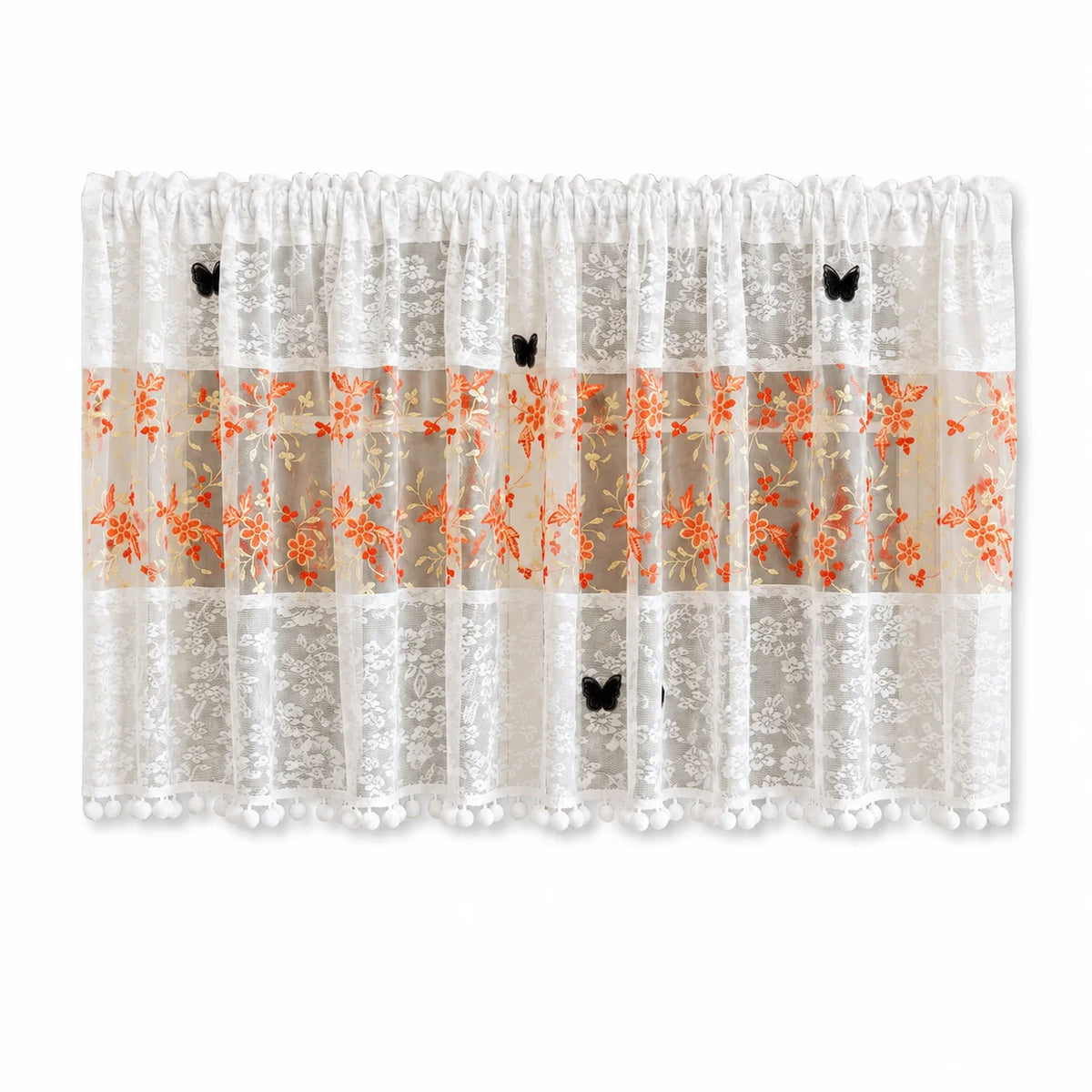 White lace cafe curtain featuring orange floral embroidery and black butterfly appliqués.