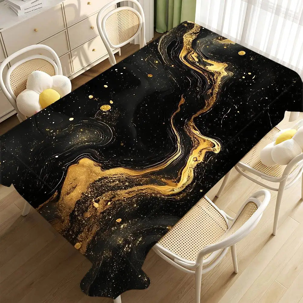 A black and gold marble pattern table cloth displayed on a wooden table with white chairs in a bright room.