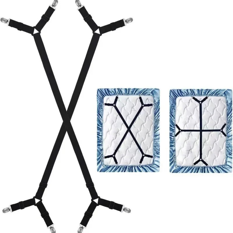 A pair of black adjustable crisscross bed sheet clips with blue accents.