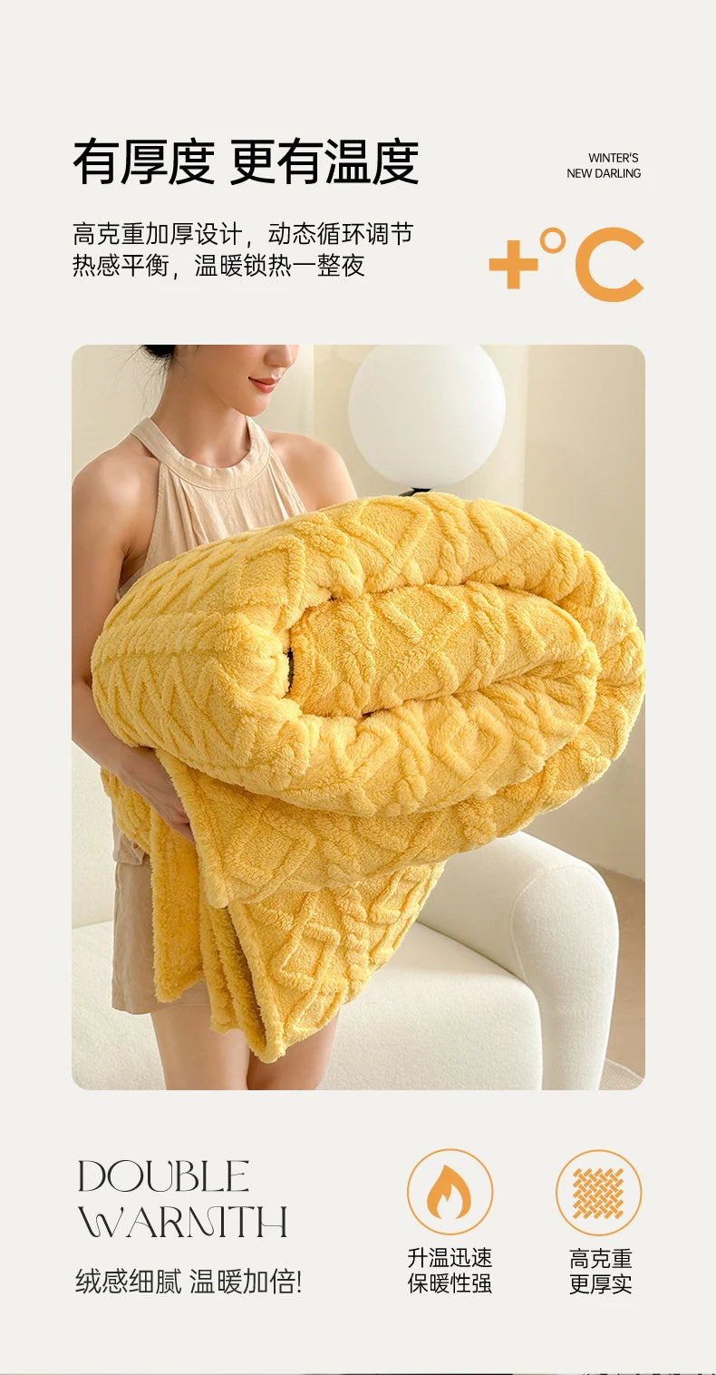 A woman is wrapped in a thick, yellow coral fleece blanket indoors.