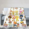 A colorful strawberry shortcake plush throw blanket featuring various sweet characters and fruit designs.