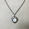 Silver chain necklace with a heart-shaped pocket watch charm featuring an adjustable clock face