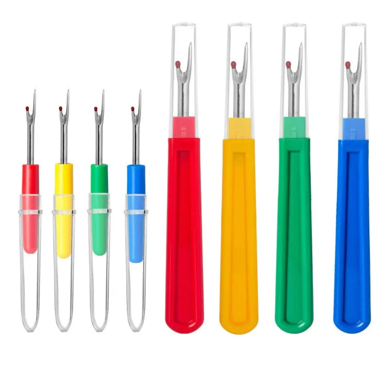 A set of colorful seam ripper and thread cutter tools in red, yellow, green, and blue.