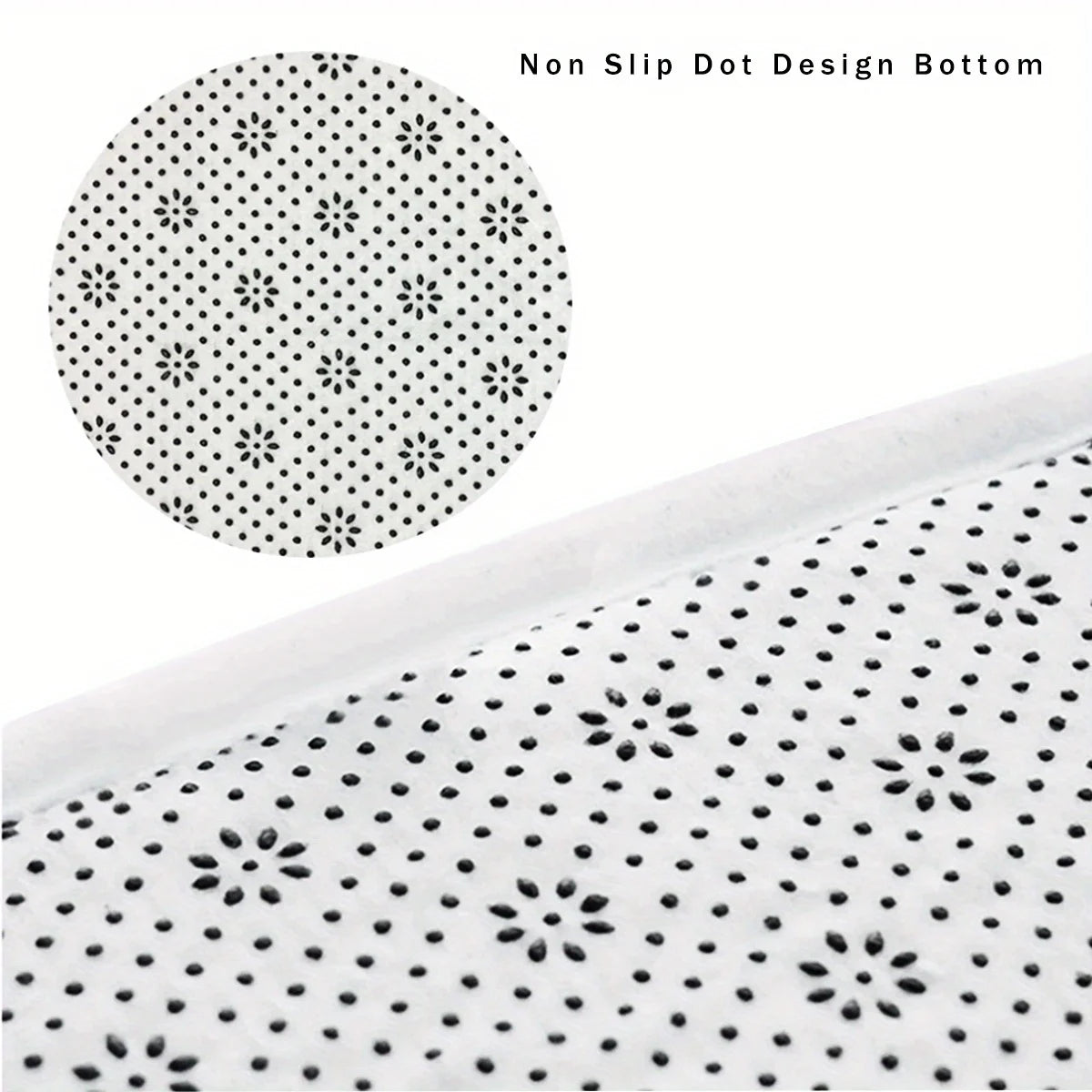 Close-up view of a white area rug with a non-slip dot design pattern.