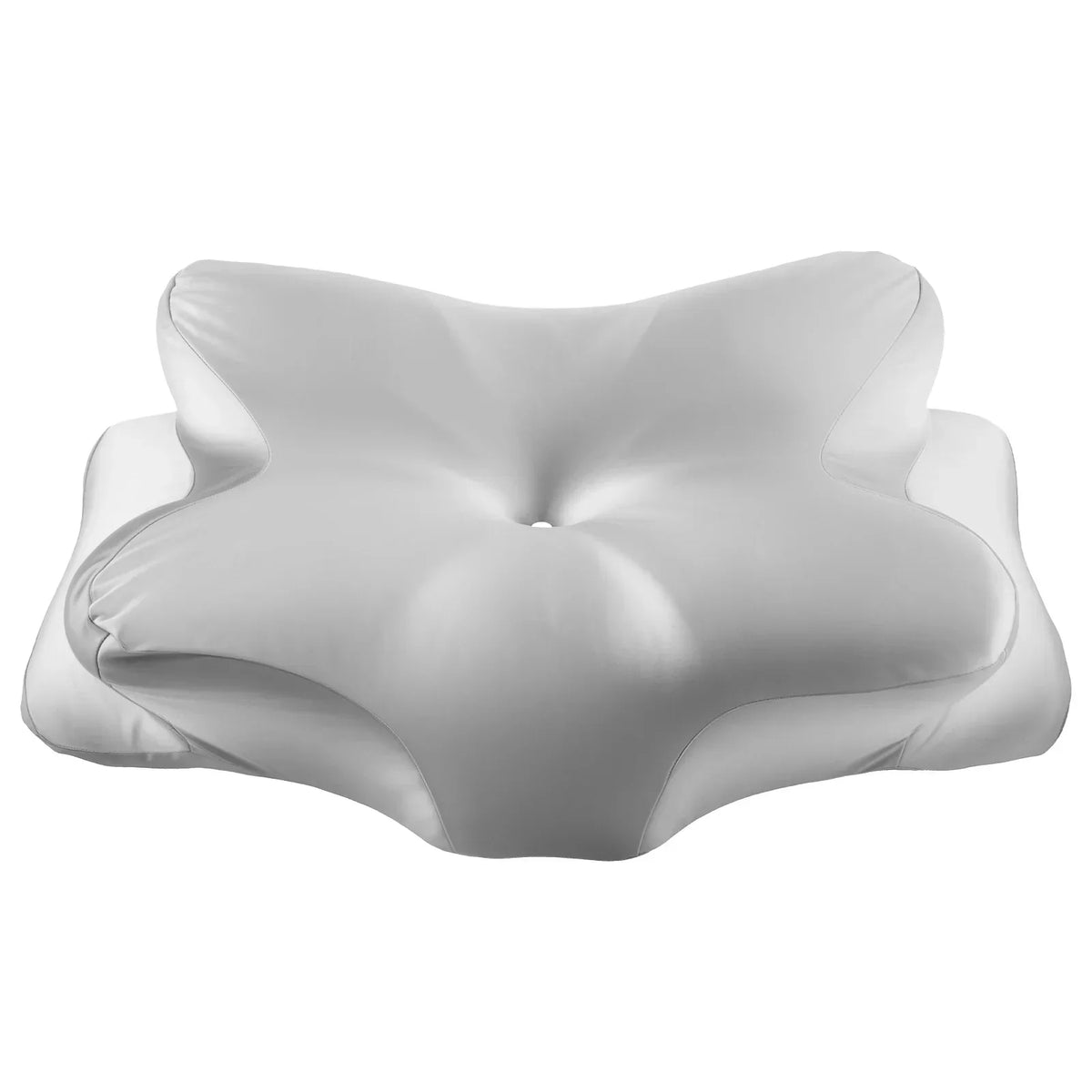 A smooth, light gray satin zippered cervical pillow cover shaped like a star.