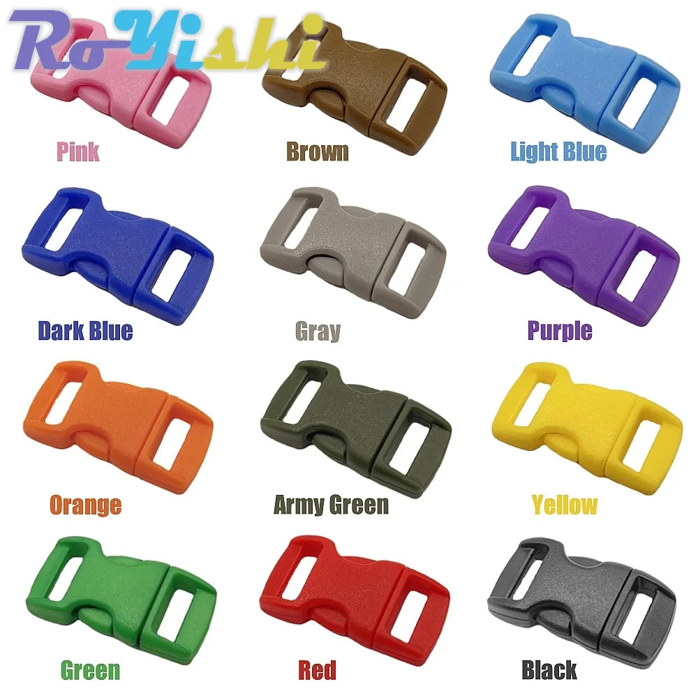A collection of various colored adjustable plastic paracord buckles displayed in a grid.