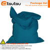 A teal outdoor bean bag cover is shown, emphasizing that the order includes only the empty fabric.