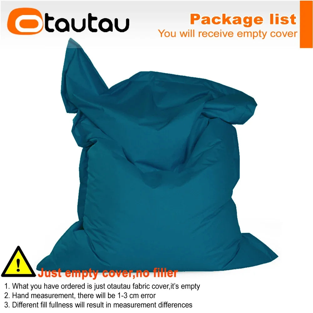 A teal outdoor bean bag cover is shown, emphasizing that the order includes only the empty fabric.