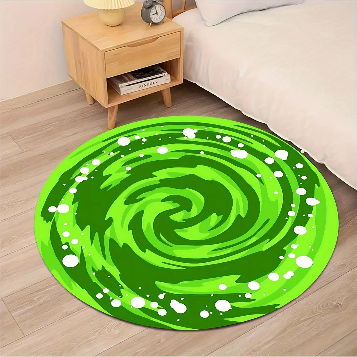 Vibrant green swirl round area rug placed on a wooden floor next to a bed.