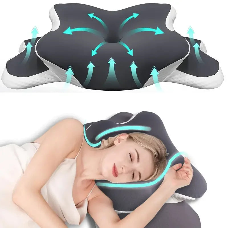 A close-up of an ergonomic memory foam butterfly neck pillow being used by a person.