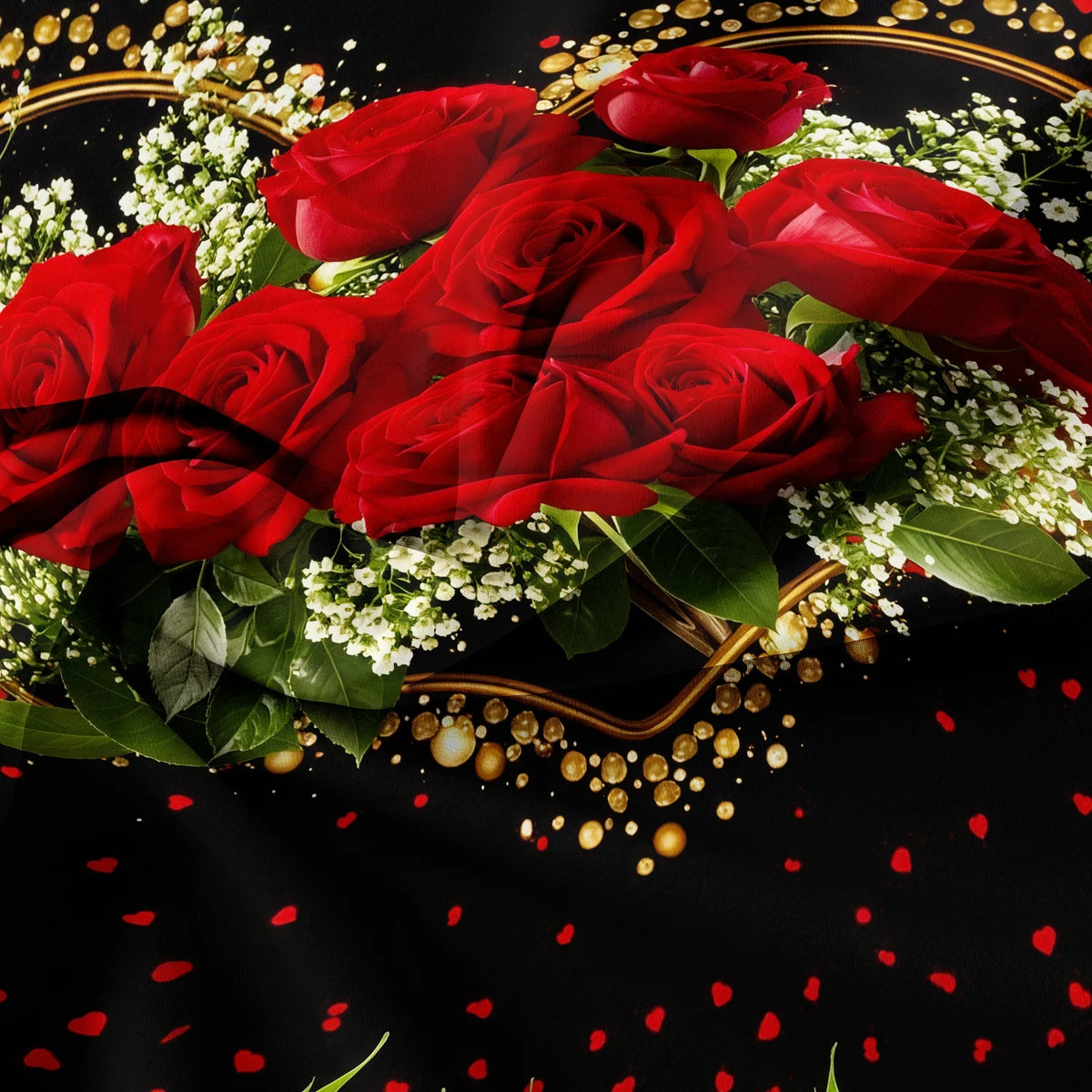 A close-up of a bouquet of deep red roses surrounded by white flowers and gold accents on a dark background.