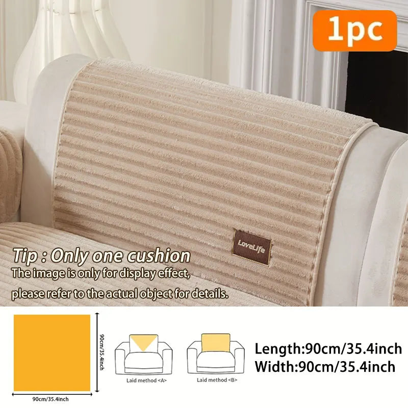 A beige striped sofa cushion shown with dimensions and usage examples.