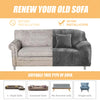 Before and after installation comparison of a gray stretch velvet sofa slipcover.