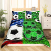 A duvet cover set featuring a green soccer theme with football designs and foliage patterns.