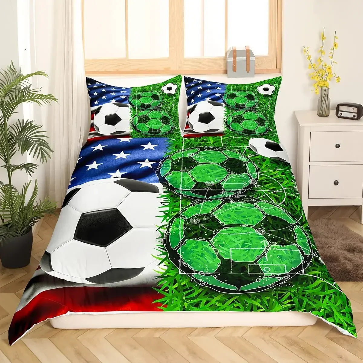 A duvet cover set featuring a green soccer theme with football designs and foliage patterns.