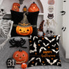 A set of black and orange Halloween decoration pillow covers featuring jack-o'-lanterns, skulls, bats, and spooky motifs.