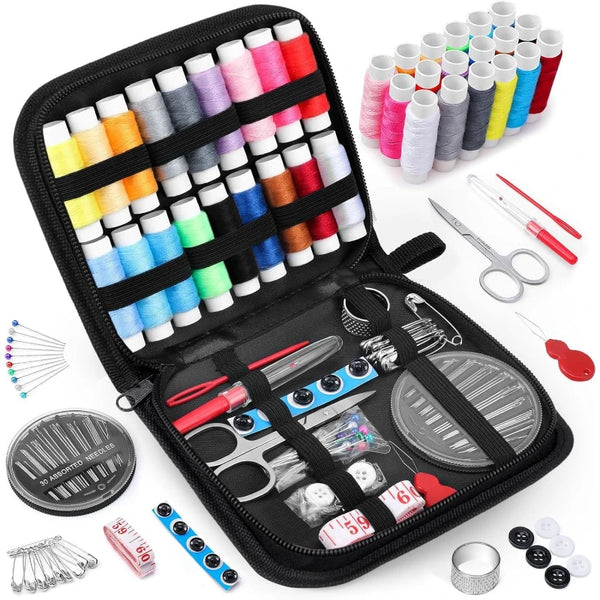 A portable sewing kit in a black zippered pouch containing various threads, needles, scissors, and other sewing tools.