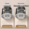 A black foldable magnetic phone stand with a vacuum suction base shown in both off and on positions.