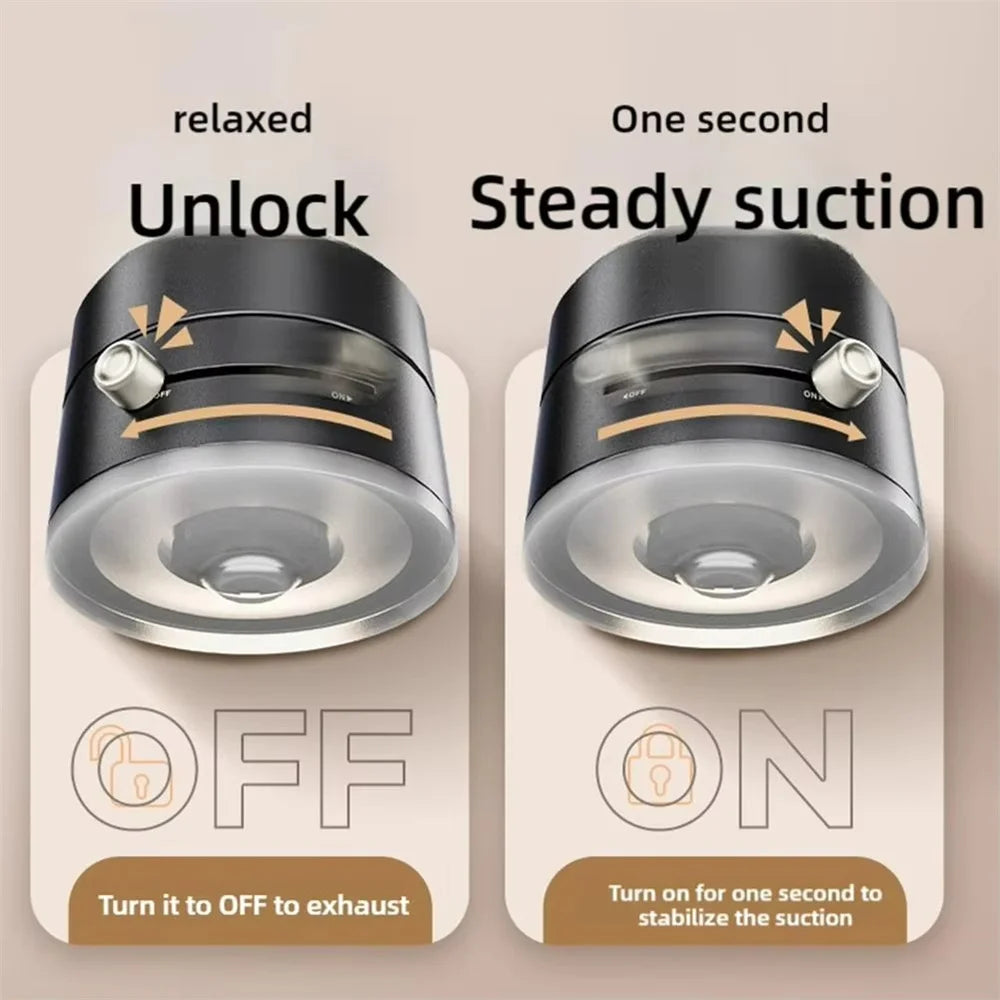 A black foldable magnetic phone stand with a vacuum suction base shown in both off and on positions.