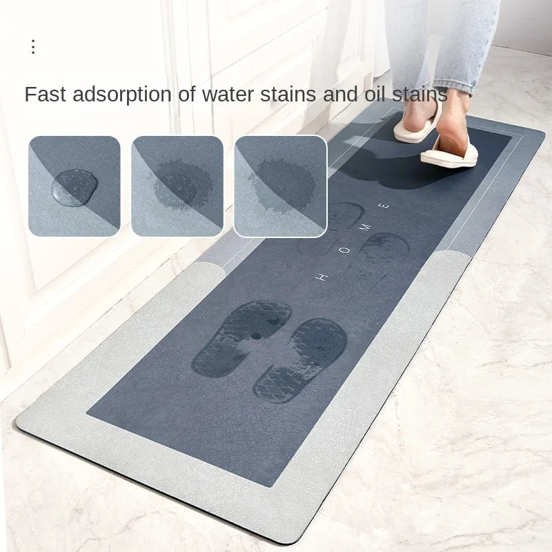 A gray non-slip floor mat demonstrating fast absorption of water and oil stains on a tile floor.