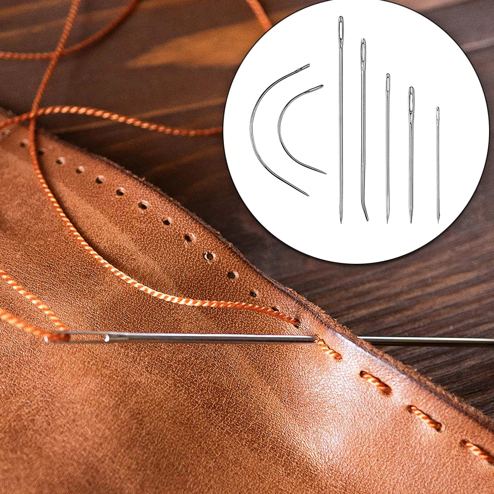 A set of heavy duty leather sewing needles is shown with a magnified view and a needle on brown leather.