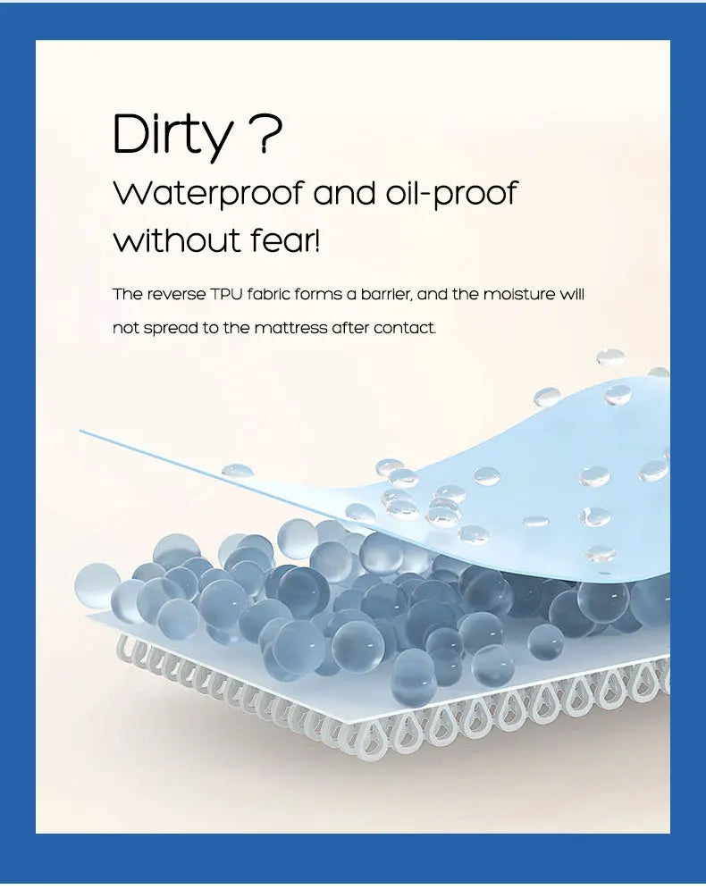 A close-up view of a blue waterproof mattress protector fabric forming a barrier against moisture.
