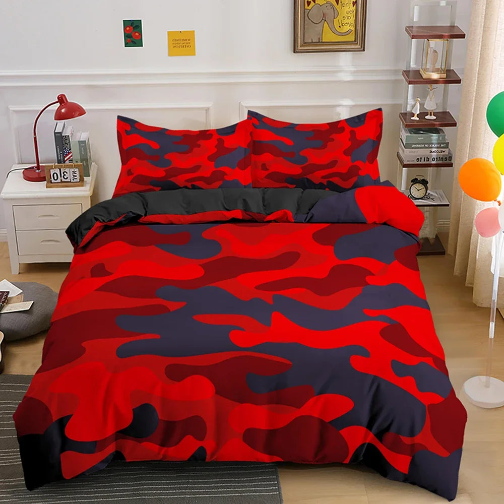 A red and blue camouflage duvet cover set displayed on a bed with white bedside tables.