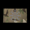 A rectangular embroidered patch featuring a silver Valknut design on a camouflage fabric background.