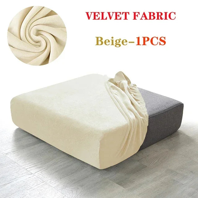 Beige velvet fabric sofa seat covers shown on a gray cushion.