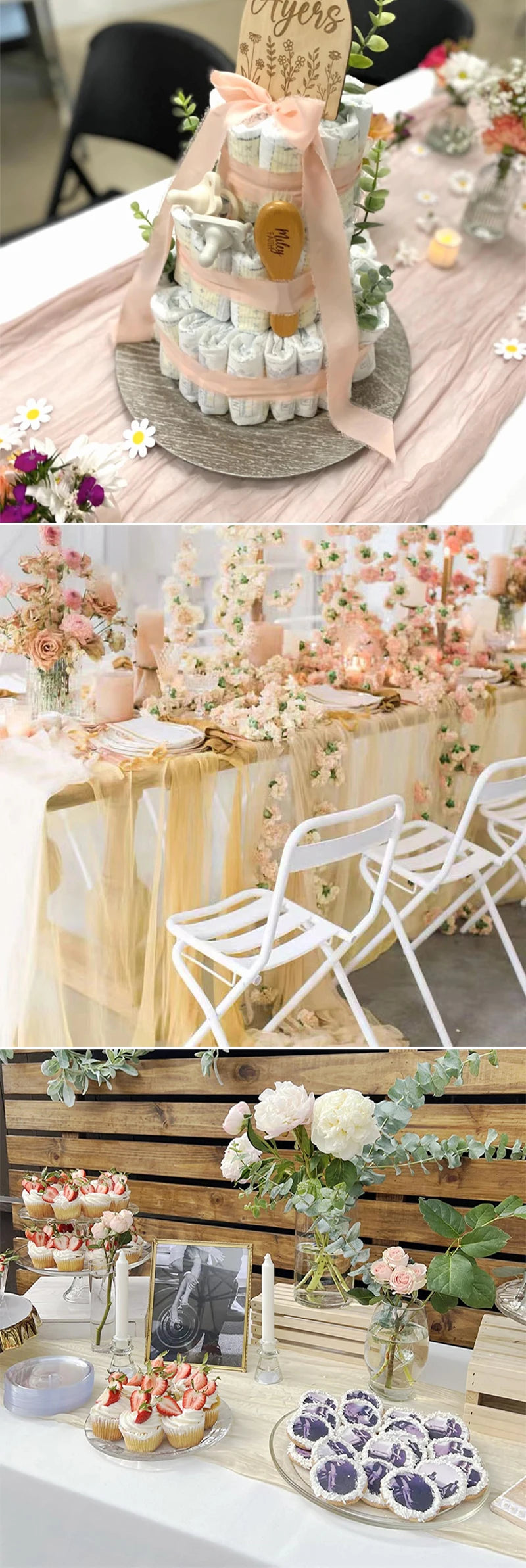 A semi-sheer gauze table runner draped over a wooden table, featuring floral and rustic decor.