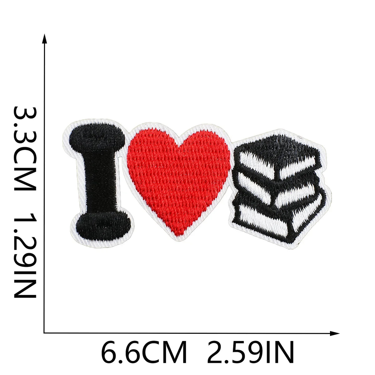 Three embroidered iron-on patches shaped like the letter I, a heart, and a stack of books.