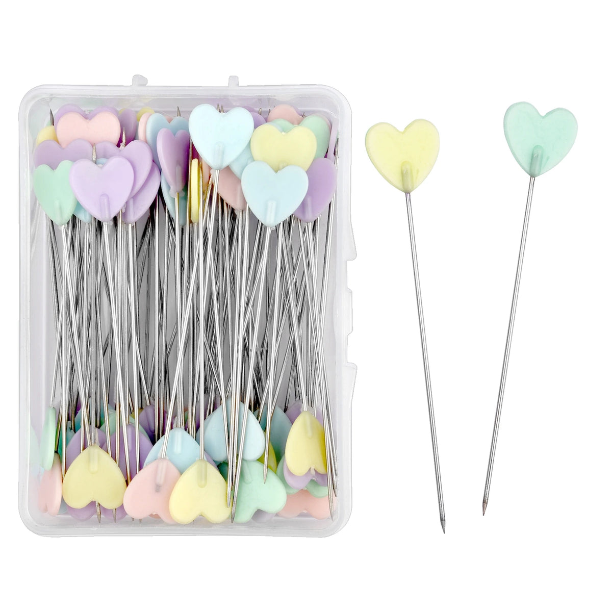 A clear plastic box containing numerous nickel-plated dressmaking pins with colorful heart-shaped heads.