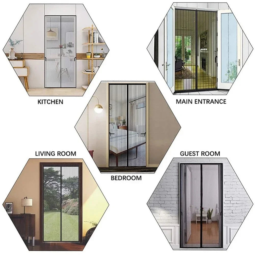 A collection of various automatic mosquito net curtains installed in different rooms including a kitchen, main entrance, gues