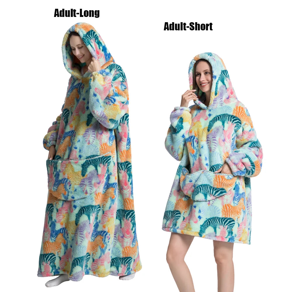 Adult-Long and Adult-Short plush fleece blanket hoodies featuring a colorful tiger print