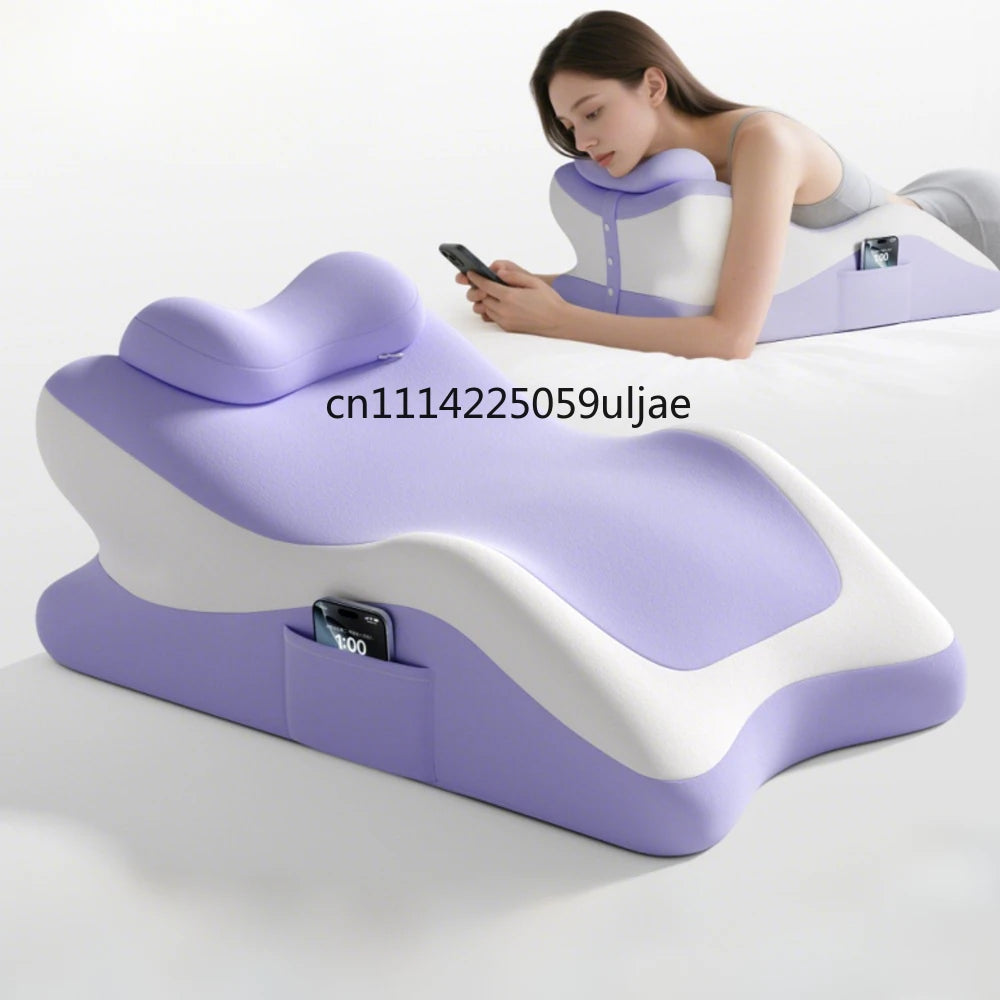 A purple and white memory foam body pillow is shown with a woman resting on it.