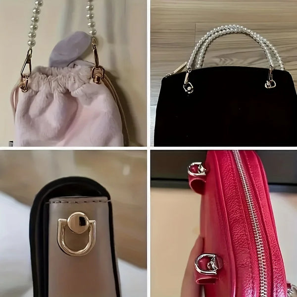A collection of bag and phone case modification hardware including gold and silver rings and clasps.